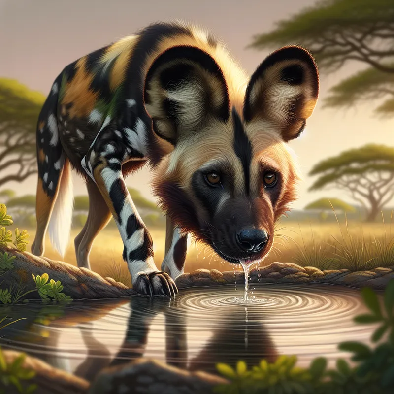 Wild Dog at Watering Hole - Soft, semi-realistic digital illustration of an African wild dog drinking from a watering hole - AI image generated with DALL-E 3
