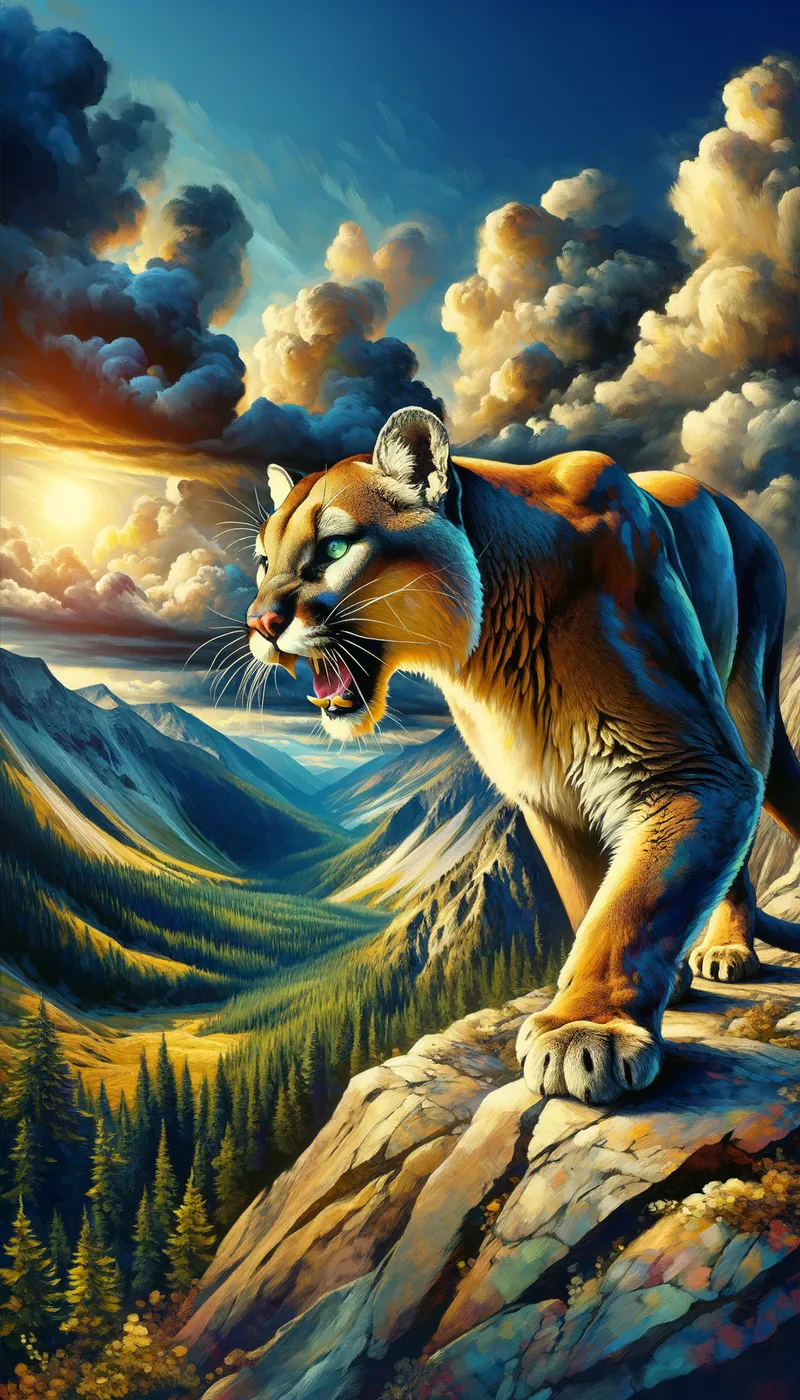Wild Guardian - An artistic depiction of an adult mountain lion in vibrant oils, illuminated by the afternoon sun, snarling fiercely while crouching on a jagged rock in a mountain terrain under a stormy sky. - AI image generated with Art - Amedeo Modigliani, panoramic view, point-of-view