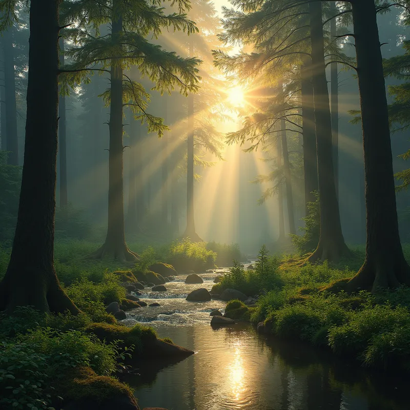 Wild Tao Wisdom - A serene forest landscape at dawn with a mystical aura, where the words 'Tao Salvaje' appear subtly woven into the fabric of nature amidst ancient trees and gently flowing streams. - AI image generated with Text