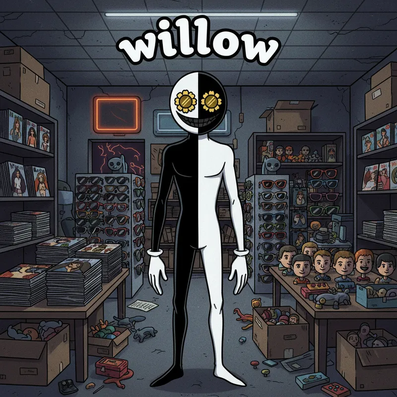 Willow: Sunflower Goggle Clown - A tall figure wearing a split black-and-white clown suit and a white hooded mask with oversized sunflower-shaped goggles and a wide, dark-mouthed grin stands amid a dim, cluttered shop display of sunglasses, magazines, and novelty items. Make into a cartoon with text "willow" over the top of it. - AI image generated with Nano Banana