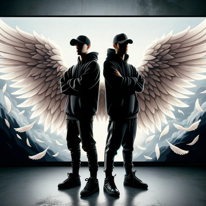 Winged Shadows - Illustrate an album cover with two individuals in silhouette form standing back to back, dressed in black hoodies, black ball caps, and sweats. The backdrop should feature majestic white angel wings. - AI image generated with Art