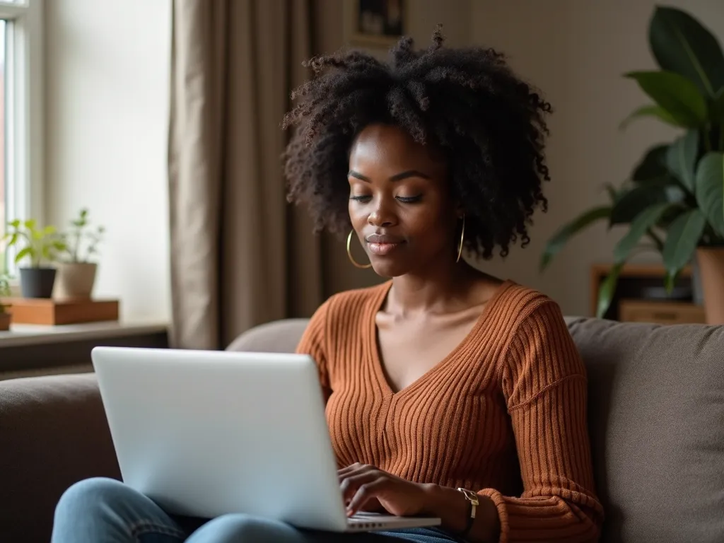 Winnie Murekefu: Laptop Profile - of winnie murekefu who is on facebook create her emage her sitting down holding a laptop - AI image generated with Photorealistic 2