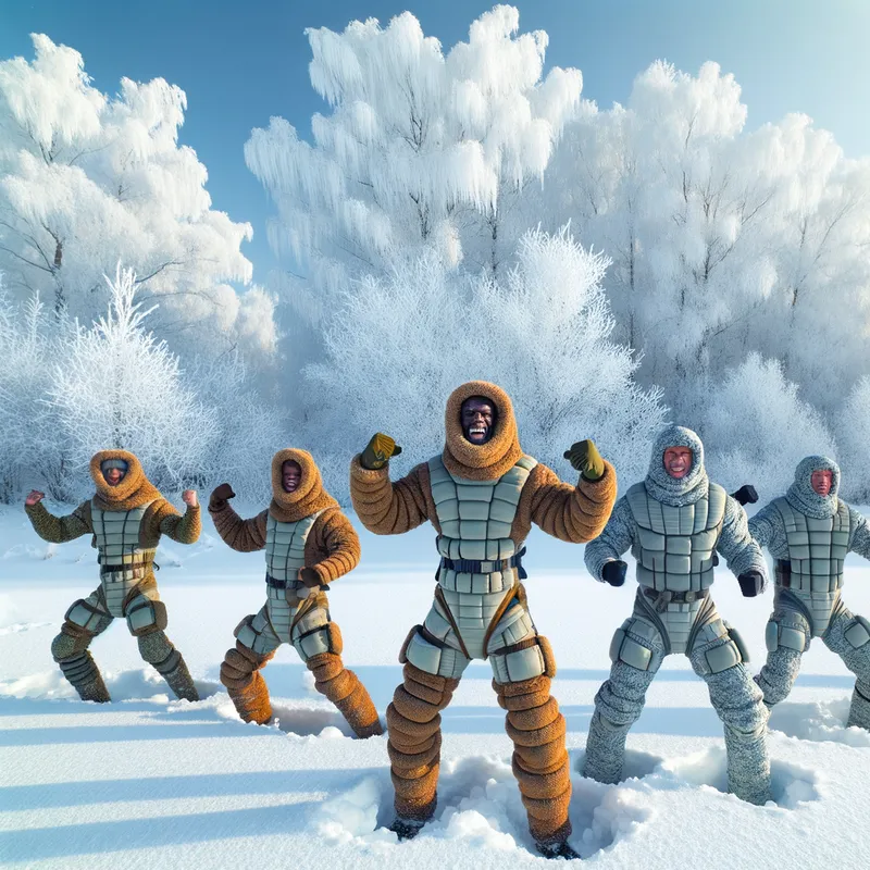 Winter Champions - A group of muscular kangaroos in thick diapers, posing triumphantly in the frosty winter air, marking the beginning of the season. - AI image generated with Art