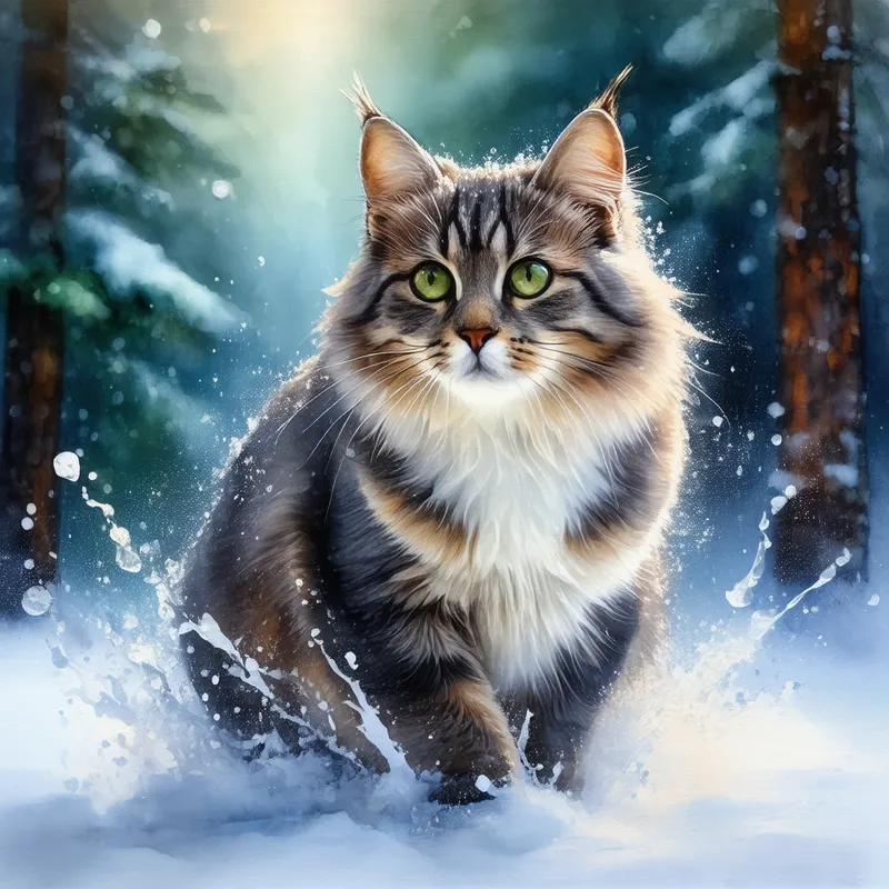 Winter Forest Cat Watercolor - A grey cat with a white underbelly and green eyes in a winter forest - watercolor, water splashes, high dynamic range