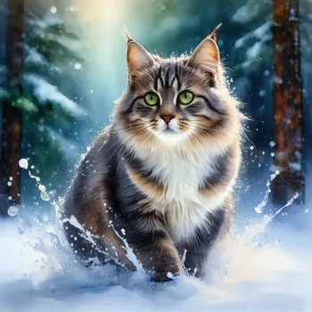 Winter Forest Cat Watercolor