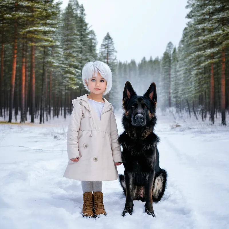 Winter Guardians - A white-haired, short-haired girl with heterochromia and her black-haired German Shepherd standing in a snowy landscape, surrounded by tall pine trees. Both look calm and resolute, adding to the wintery atmosphere.