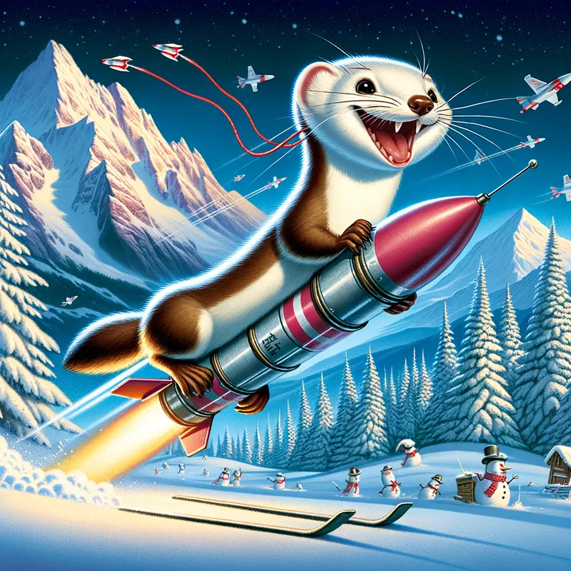 Winter Missile Mania Weasel - A playful weasel having the time of its life, rocket-propelled by missile skis, zooming through a spectacular winter wonderland with mountains and snow. - AI image generated with Art