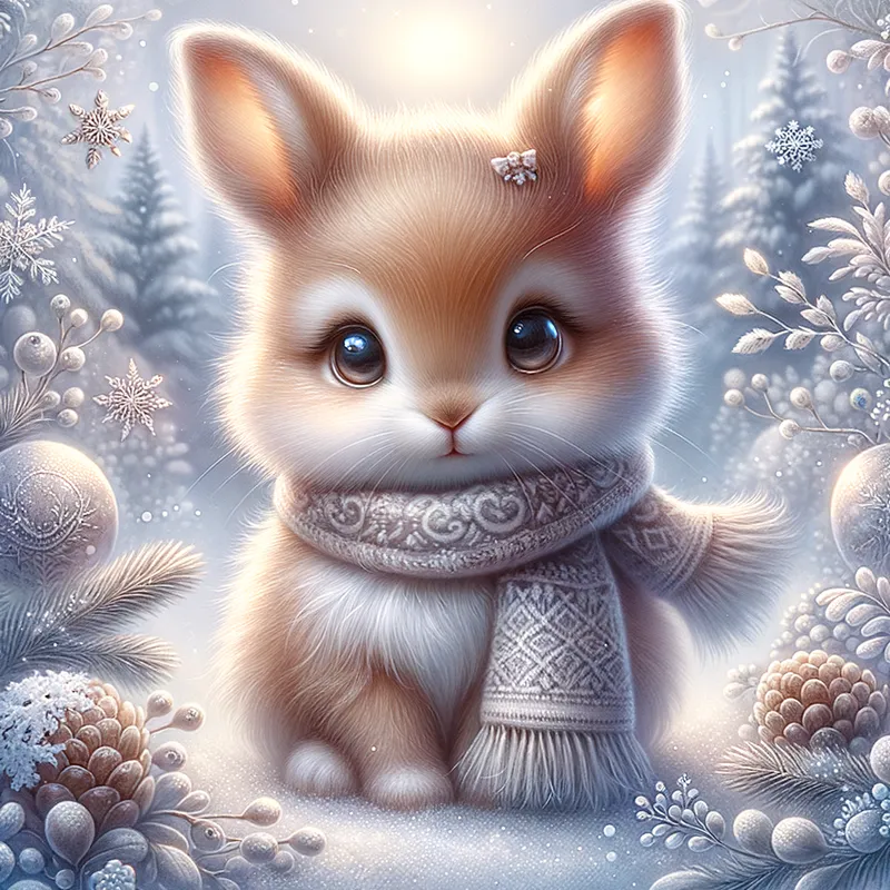 Winter Motif Animal with Big Eyes - A cute winter motif animal with big eyes, surrounded by winter details like snowflakes, pine trees, and a cozy scarf. The animal could be a fluffy bunny or a little fox, with a gentle and heartwarming expression. - AI image generated with Art