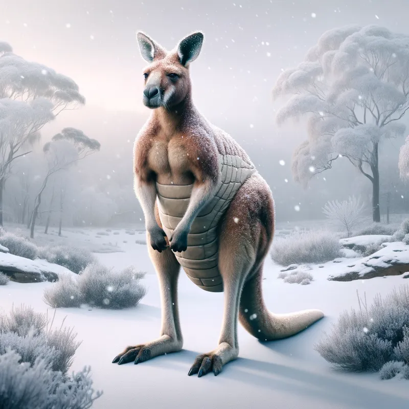 Winter-Ready Kangaroo - A muscular kangaroo wearing a thick diaper, standing in a snowy landscape as winter begins. - AI image generated with Art
