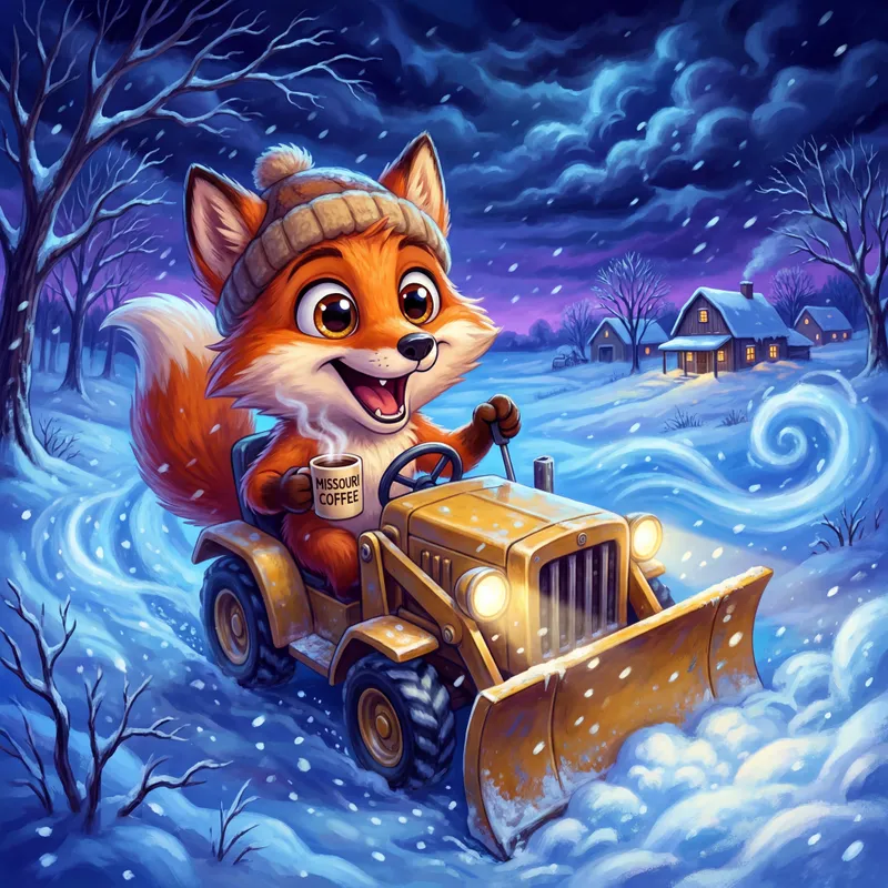 Winter Storm Road Plowing Adventure - A fluffy fox, animated and big eyed, operates a snow plow under a dark, snowstorm-filled sky in a rural Missouri landscape. The windchill is clearly severe, with visible gusts and swirling snow. The fox is cheerful, grinning as he sips coffee from a big mug, unfazed by the harsh weather. The scene shows deep snow everywhere, frosted trees, and distant farmhouses. - AI image generated with 4K Pro - vivid colors, night lighting, cartoony