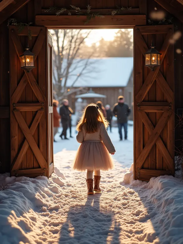 Winter Sweet Sixteen Barn Entrance - A girl walking through a barn doorway into her winter themed sweet sixteen surprise party surrounded by friends and family
 - AI image generated with Photorealistic 2