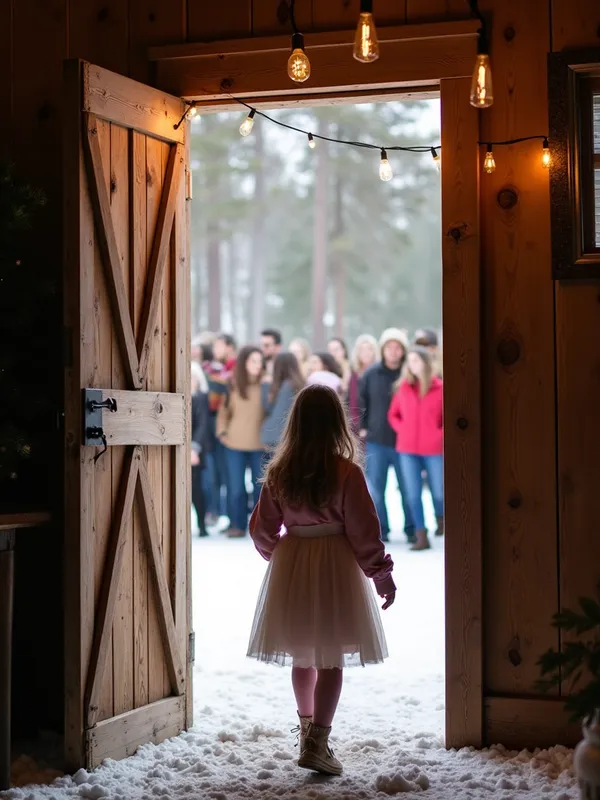 Winter Sweet Sixteen Barn Entrance - A girl walking through a barn doorway into her winter themed sweet sixteen surprise party surrounded by friends and family
 - AI image generated with Photorealistic 2