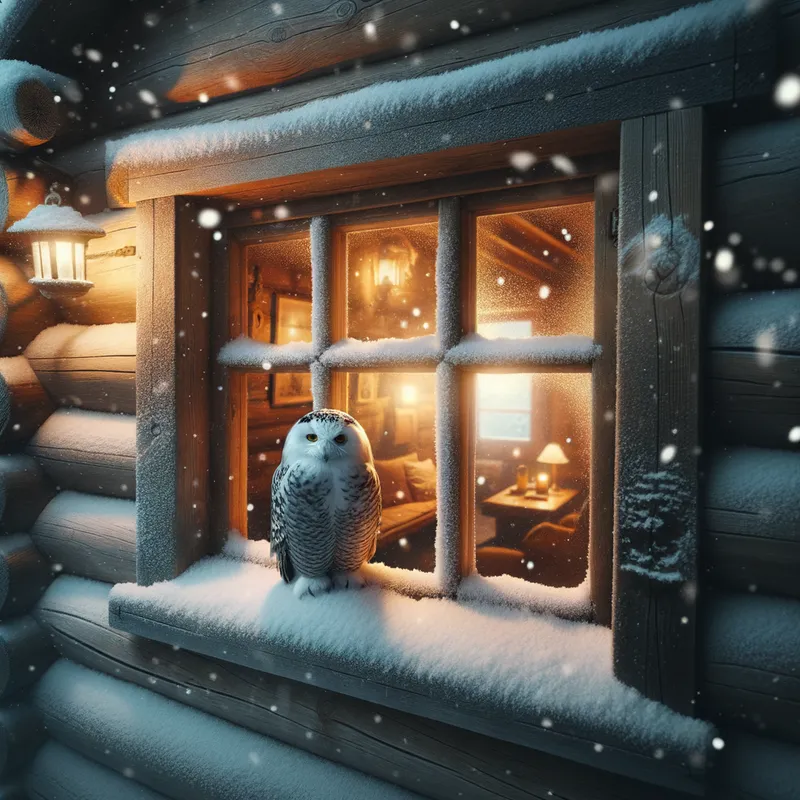 Winter Watch - A snowy owl watching through the frosty window of a homely wooden cabin, with snow lightly falling outside. Inside, the cabin is cozy with flickering shadows and wooden beams. - AI image generated with Art