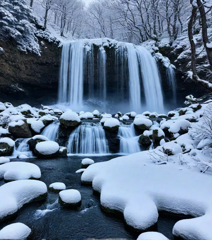 Winter Waterfall Scene - waterfall in snow - AI image generated with Photorealistic