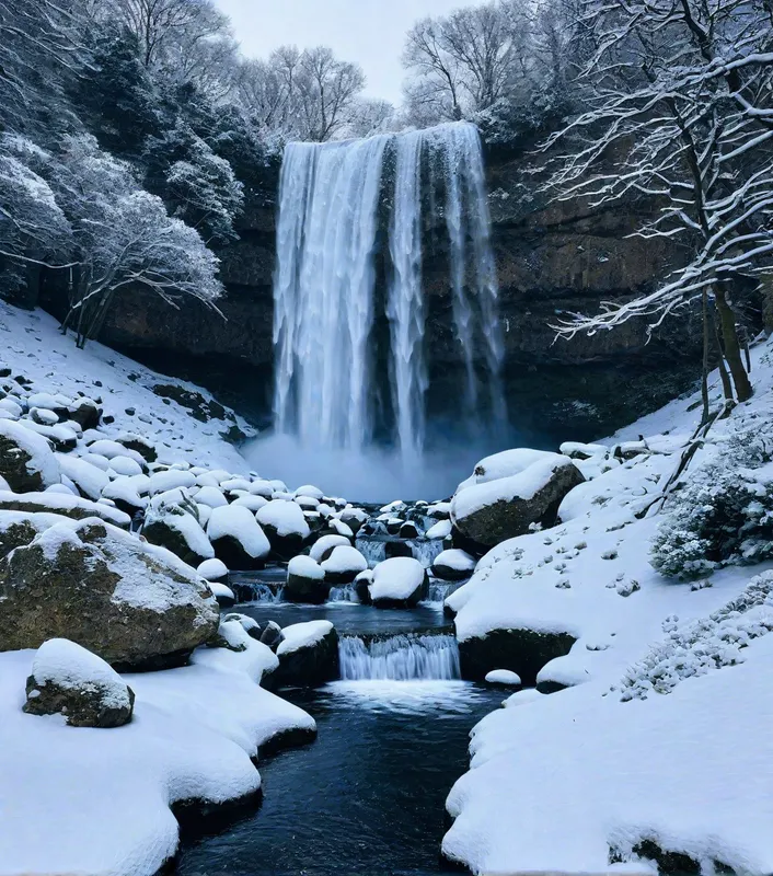 Winter Waterfall Scene - waterfall in snow - AI image generated with Photorealistic