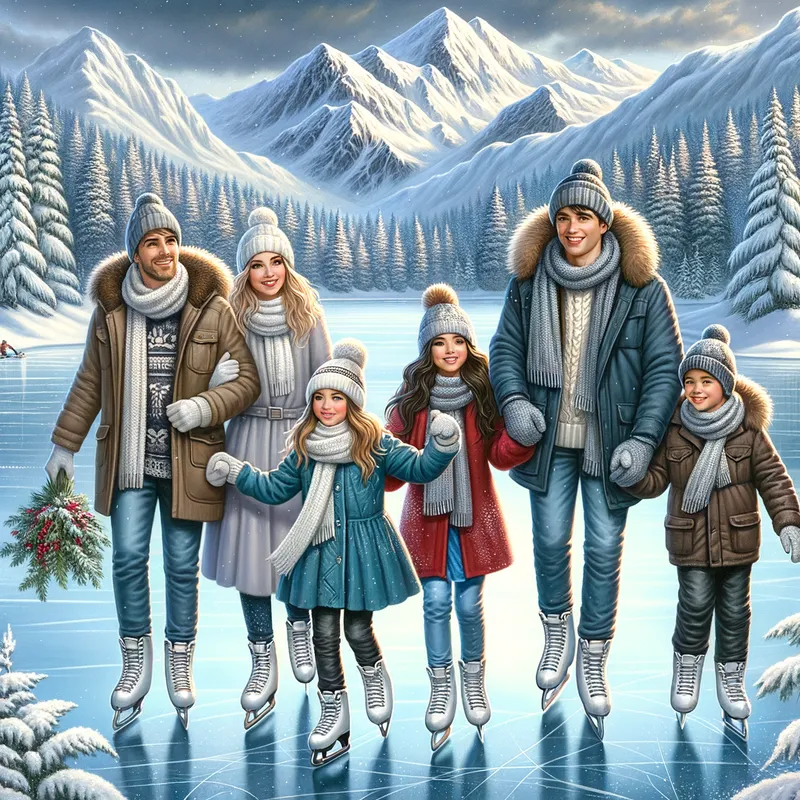 Winter Wonderland Adventure - A winter scene featuring a father, son, daughter, and mother bundled up in cozy winter clothes, ice skating on a frozen lake surrounded by snow-covered trees and mountains. The family is holding hands and smiling. - AI image generated with Art