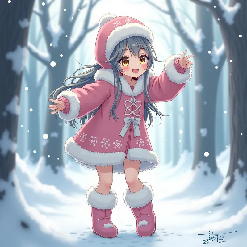 Winter Wonderland Beauty - An enchanting anime girl wearing a beautiful Eskimo-inspired costume, complete with fluffy knee-high boots, playing in a snow-covered forest. - AI image generated with Photorealistic 2