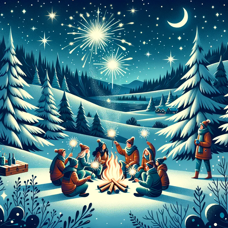 Winter Wonderland Celebration - An enchanting outdoor scene where friends are celebrating New Year's Eve amidst a snowy landscape. They are seen enjoying a bonfire, with sparklers in hand, surrounded by snow-covered trees and a starry sky that signifies the magic of the occasion. - AI image generated with Art
