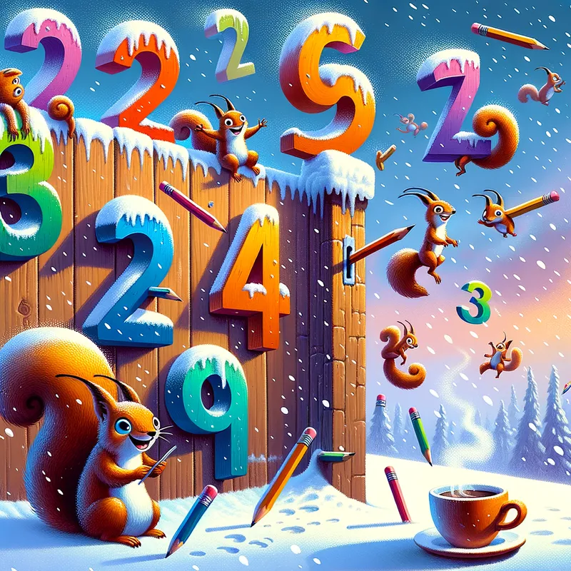 Winter Wonderland Whimsy - Winter and david wiesner inspired with winter colors and tone happy numbers walking on top of a wall outside with pencils and plus signs and minus signs flying in the air with snow falling and a squirrel sipping a cup of coffee - AI image generated with Art - gouache technique, cartoony
