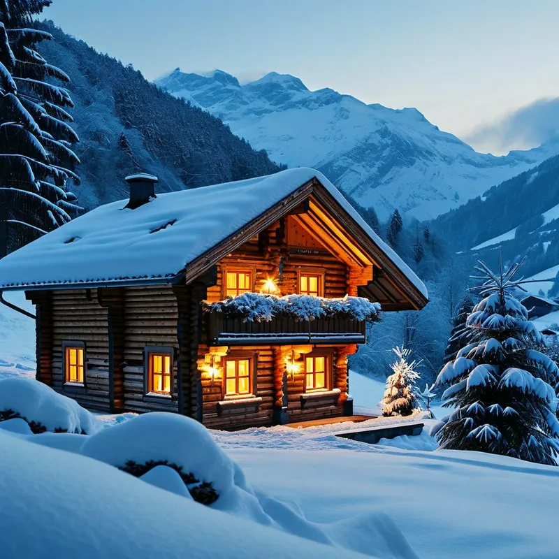 Wintertraum mit Botschaft bei Weihnachtsabenddämmerung - Ein verschneites, gemütliches Holzhaus in einer friedlichen Berglandschaft bei blauer Stunde. Goldene Lichter leuchten durch die Fenster, aus dem Kamin steigt freundlicher Rauch. Der Schriftzug 'Frohe Weihnacht und viel Freude, Gesundheit, Harmonie und Frieden im Jahr 2026 wünschen Karin und Uwe' hebt sich kunstvoll im Schnee ab. Der Gesamteindruck ist festlich, verträumt und warm. - AI image generated with Nova Canvas
