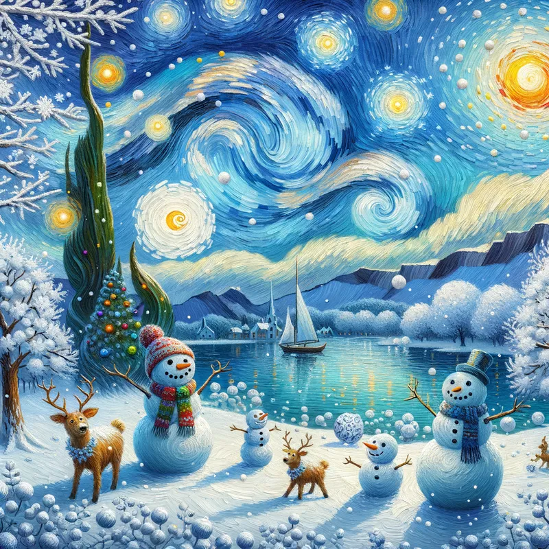 Wintery Wonder - Christmas and david wiesner inspired with winter colors and tone, brush strokes of swirling sky with lake and snowmen and reindeer below and snowflakes in the sky for kids - AI image generated with Art - Pablo Picasso, Van Gogh