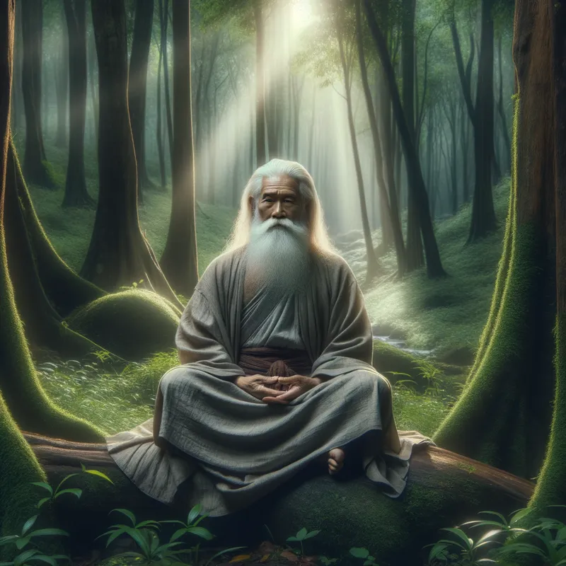 Wise Old Bearded Sage - An elderly man with a long white beard, dressed in flowing robes, sitting cross-legged in a serene forest, with an aura of wisdom and tranquility surrounding him. - AI image generated with Art