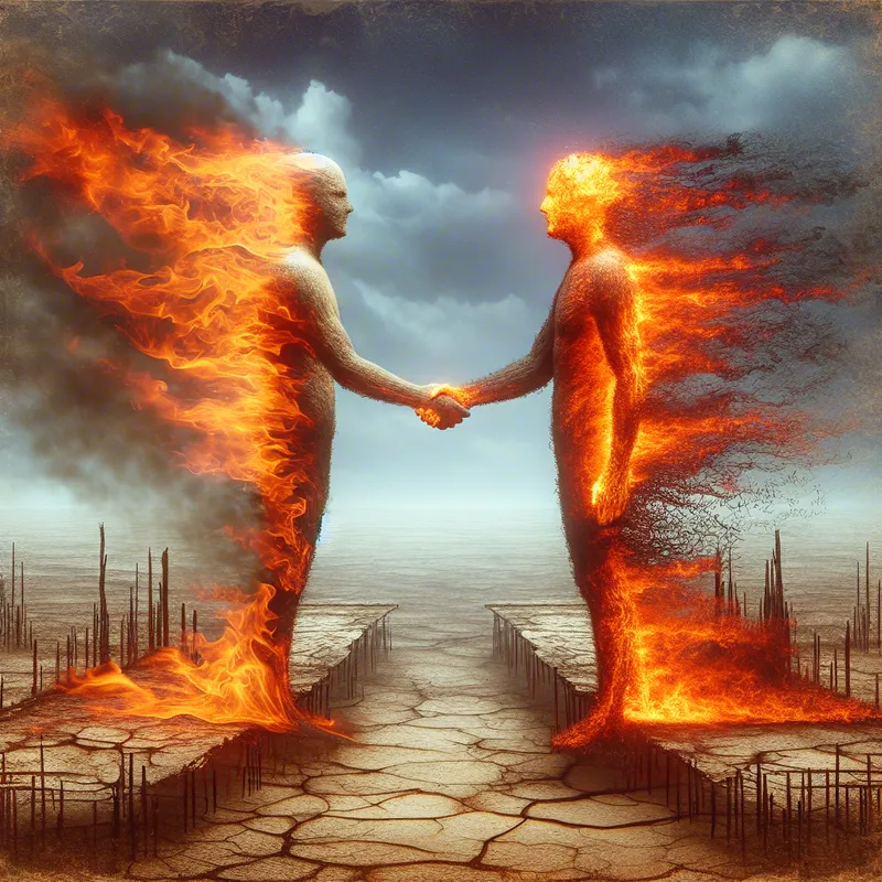 Wish You Were Here - An atmospheric image depicting two figures, one engulfed in flames, shaking hands in a desolate landscape with remnants of an old concert stage. This hints at the themes of absence and longing in Pink Floyd's music. - AI image generated with Art