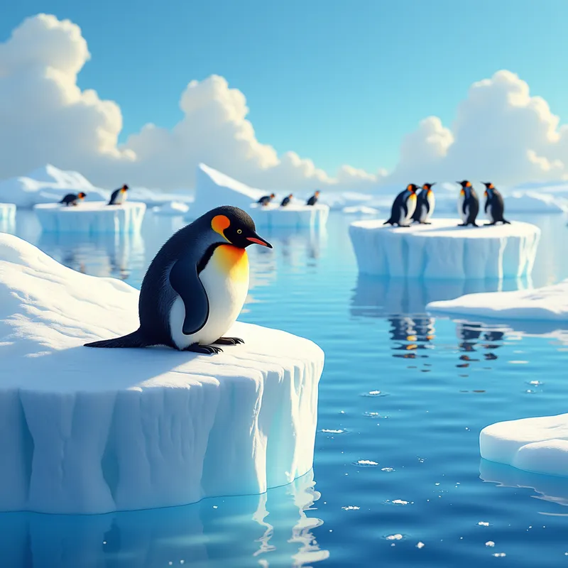 Wistful Penguin - Penny the rainbow-feathered penguin sits alone on the edge of a massive iceberg, her slouched posture and wistful expression contrasting with the lively scenes of black-and-white penguins playing fish-tag and sliding down glittering ice hills. - AI image generated with Photorealistic 2