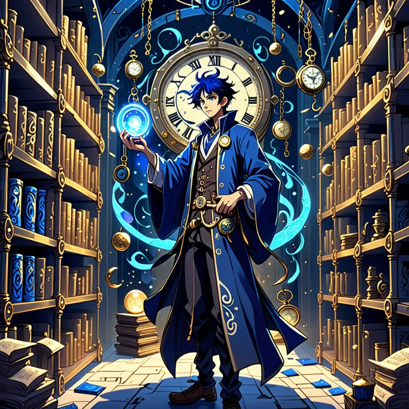 Wizard of the Forgotten Hour - An anime-style sorcerer standing in a moonlit chamber filled with towering shelves of scrolls, suspended pocket watches, and radiant magical artifacts. The environment feels mysterious and cinematic, with blue and gold magical energy swirling around. - AI image generated with Fictional