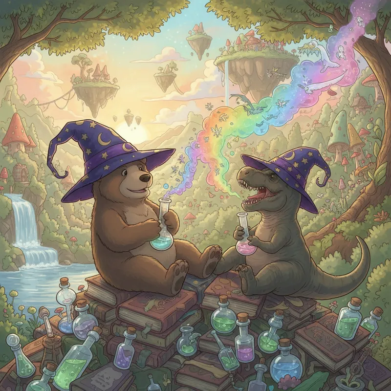 Wizards of the Stone Age - A fantasy landscape with a grizzly bear and a T-Rex reclining on a pile of enchanted books and potions, both wearing oversized wizard hats. They're cheerfully passing magical bongs that emit glowing, psychedelic smoke filled with sparkles and tiny magical creatures. - AI image generated with Nano Banana - ghibli