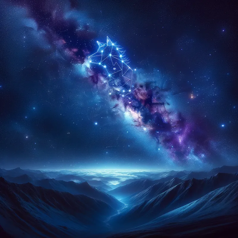 Wolf Among the Stars - An ethereal scene showcasing the Milky Way in deep shades of blue and purple, with a striking constellation of a wolf illuminated among the stars, creating a breathtaking celestial landscape. - AI image generated with Art