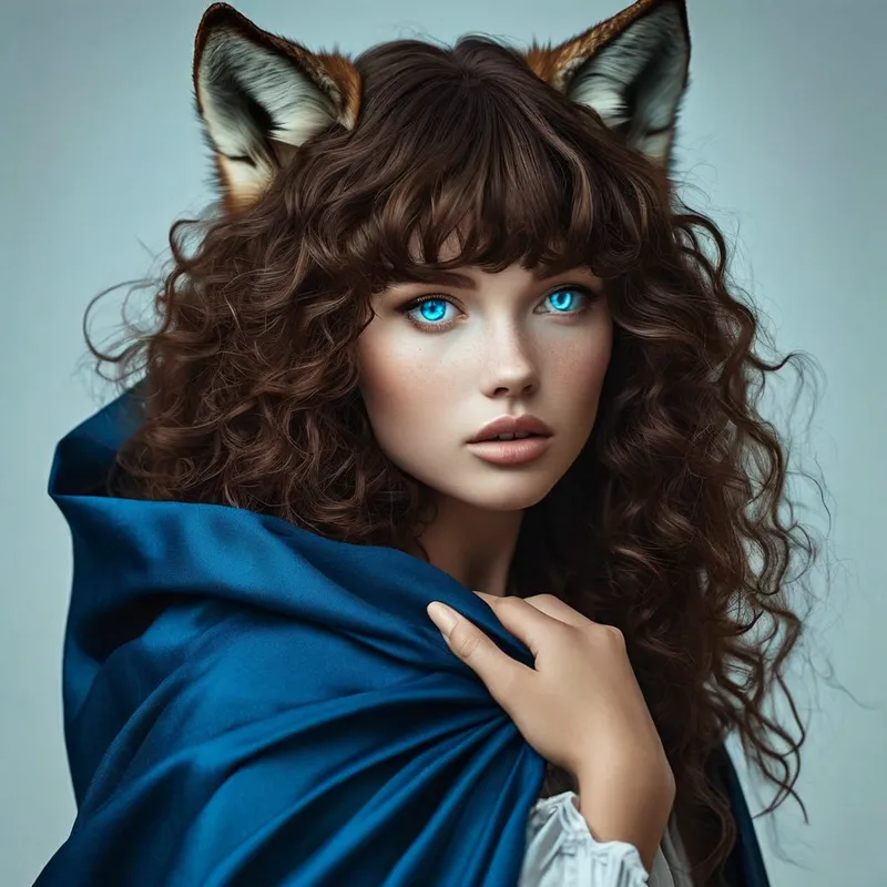 Wolf-Eared Enchantress - A captivating woman with brown curly hair and straight bangs, her piercing blue eyes gazing intensely at the viewer. She wears a flowing blue cloak, from which a pair of wolf ears peek out on top of her head. She extends her hand forward, inviting engagement, the background soft and mystical. - AI image generated with Nova Canvas
