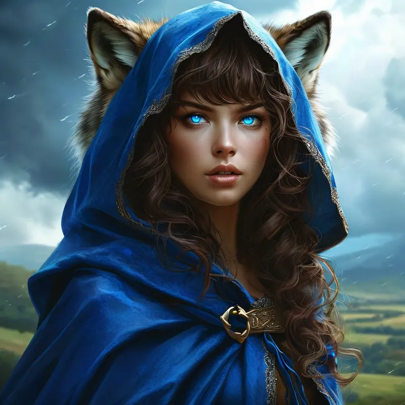 Wolf-Eared Mystic Summoning Storm - Create an image of a mystical woman with bouncy brown curls, swooping bangs, and vivid blue eyes. She wears a royal blue cloak with her realistic wolf ears poking out from beneath the hood, set in a magical landscape, she summons a storm behind herself - AI image generated with Nova Canvas