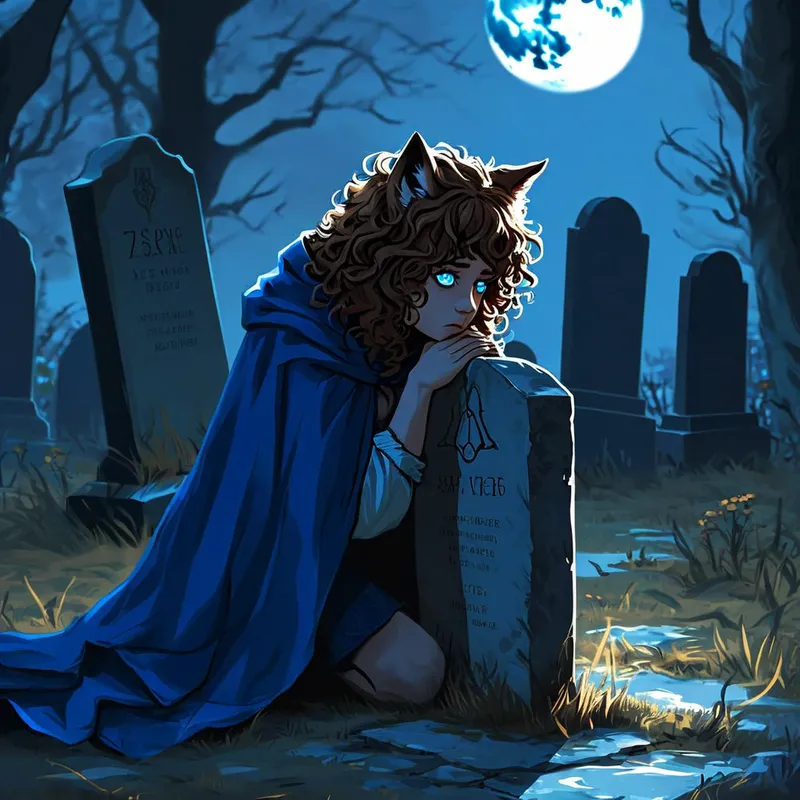 Wolf-Eared Woman Mourning at Grave - Kneeling at a simple gravestone, a young woman with blue eyes and brown curly hair with adorable wolf ears bows her head in sadness. Her blue cloak pools around her as moonlight casts elongated shadows, highlighting the emotion on her face. - AI image generated with Nova Canvas