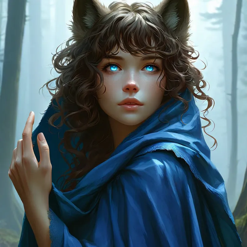 Wolf-Eared Woman Support - A striking woman with brown, curly hair and soft bangs, her piercing blue eyes looking directly at the viewer. She wears a flowing blue cloak with wolf ears peeking out from the top. With a gentle and supportive expression, she extends her hand toward the viewer, inviting connection. The background is a subtle forest mist. - AI image generated with Nova Canvas