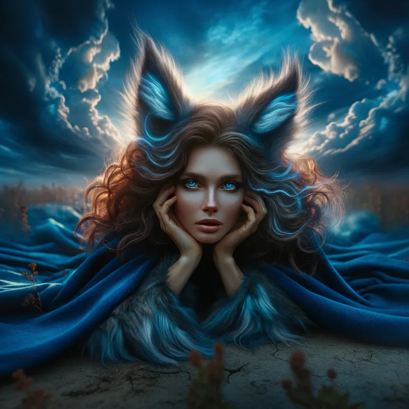 Wolf-Eared Woman Under Twilight Clouds - A fantasy scene of a woman with blue eyes, brown curly hair and wolf ears wrapped in a blue cloak, lying prone on the earth, her expression a powerful mix of pain and betrayal beneath a cloudy twilight sky. - AI image generated with Art