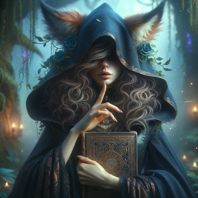 Wolf-Eared Woman in Blue Cloak - A woman with the top half of her face obscured by a blue cloak holds a book to her lips. Her wolf ears and brown curly hair peeking out from the top of her cloak. - AI image generated with Art