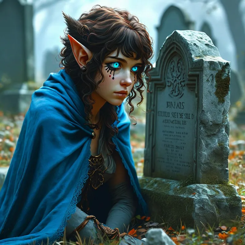 Wolf-Eared Woman’s Lament - Amid a quiet graveyard, a woman adorned with brown, curly bangs, wolf-like ears, and piercing blue eyes kneels by a grave. Her vivid blue cloak contrasts with the dull stones as she gazes mournfully at the headstone, her face full of heartfelt grief. - AI image generated with Nova Canvas