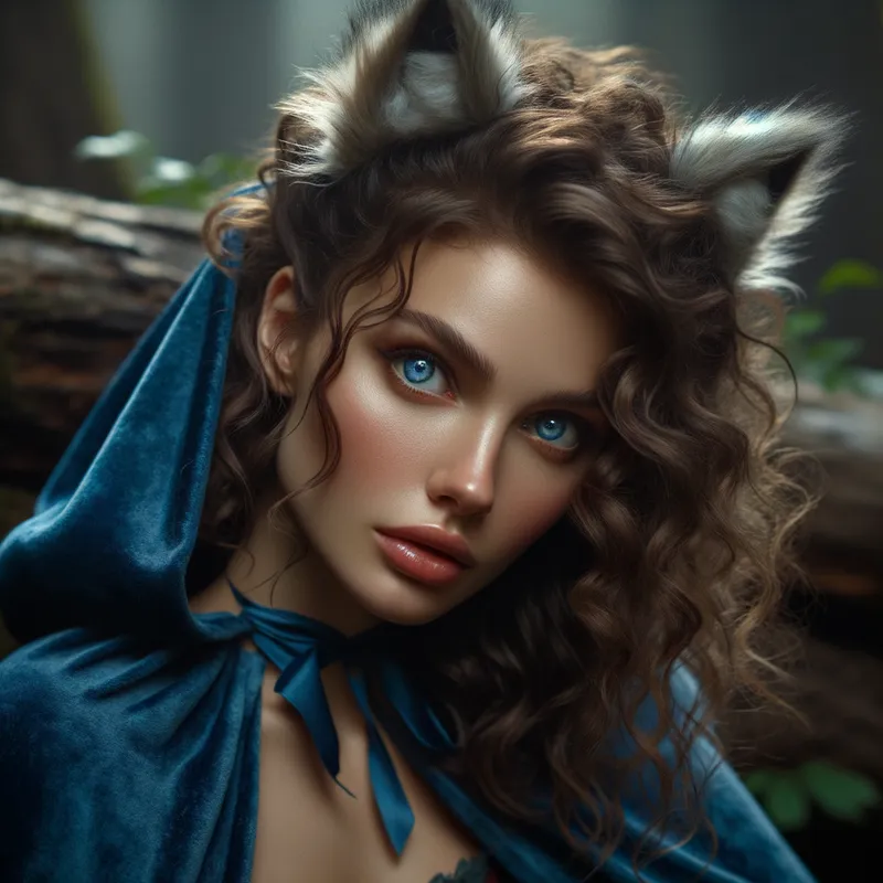 Wolf-Eared Woman’s Lament - Fantasy-inspired image of a woman with curly brown hair, blue eyes, and wolf ears peeking through a blue cloak. She lies prone, face partially turned, showing a deep, betrayed look, surrounded by subtle moonlight and shadows. - AI image generated with Art