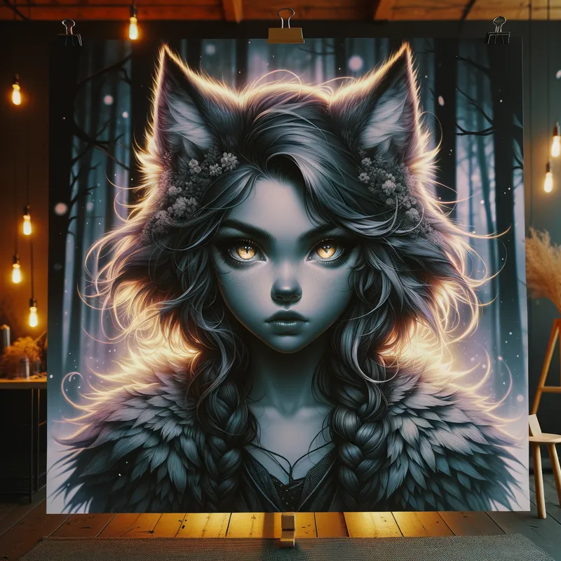 Wolf Girl Portrait - A stunning portrait of a young girl with striking, wolf-like features. Her eyes are intense and piercing, with a subtle hint of gold, and her hair is a wild, untamed mane. She has a mysterious, almost mystical aura, and the background is a dark, forested landscape that enhances her enigmatic presence. The overall mood of the image is both wild and enchanting, capturing the essence of a girl who embodies the spirit of a wolf. - AI image generated with Art
