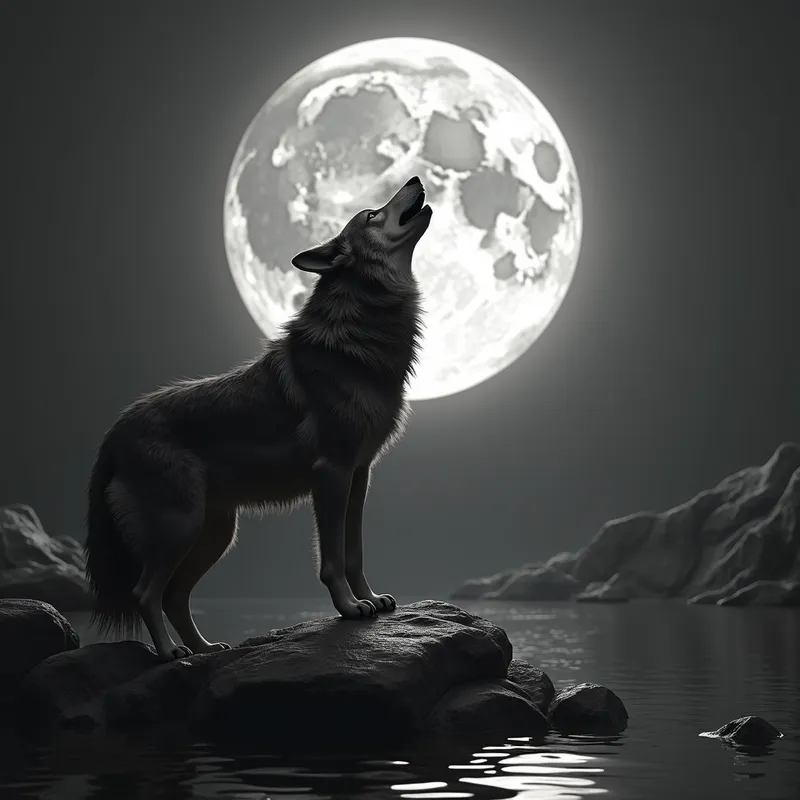 Wolf Howling at Moon in 3D Grayscale - 3D grayscale realistic image of a wolf howling at the moon - AI image generated with Photorealistic 2