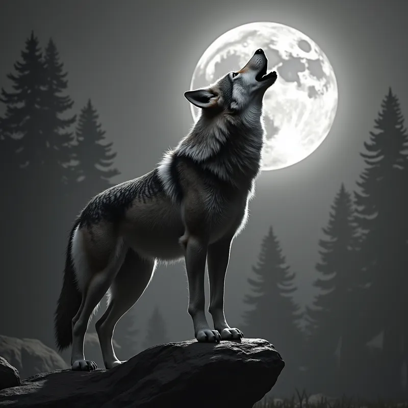 Wolf Howling at Moon in 3D Grayscale - 3D grayscale realistic image of a wolf howling at the moon - AI image generated with Photorealistic 2