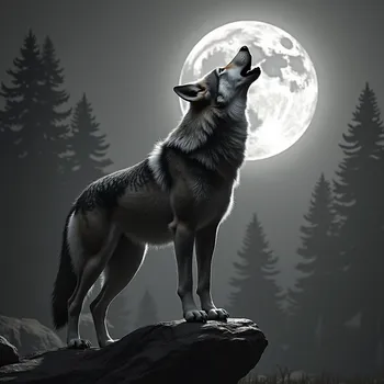 Wolf Howling at Moon in 3D Grayscale