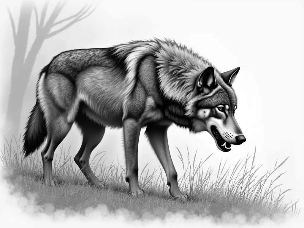 Wolf Hunting: Grayscale Pencil Art - grayscale detailed realistic pencil drawing of a wolf hunting - AI image generated with Photorealistic 2