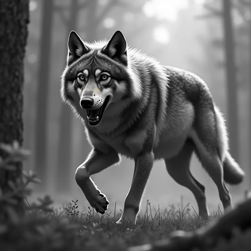 Wolf Hunting in Grayscale 3D - 3D grayscale realistic image of a wolf hunting - AI image generated with Photorealistic 2