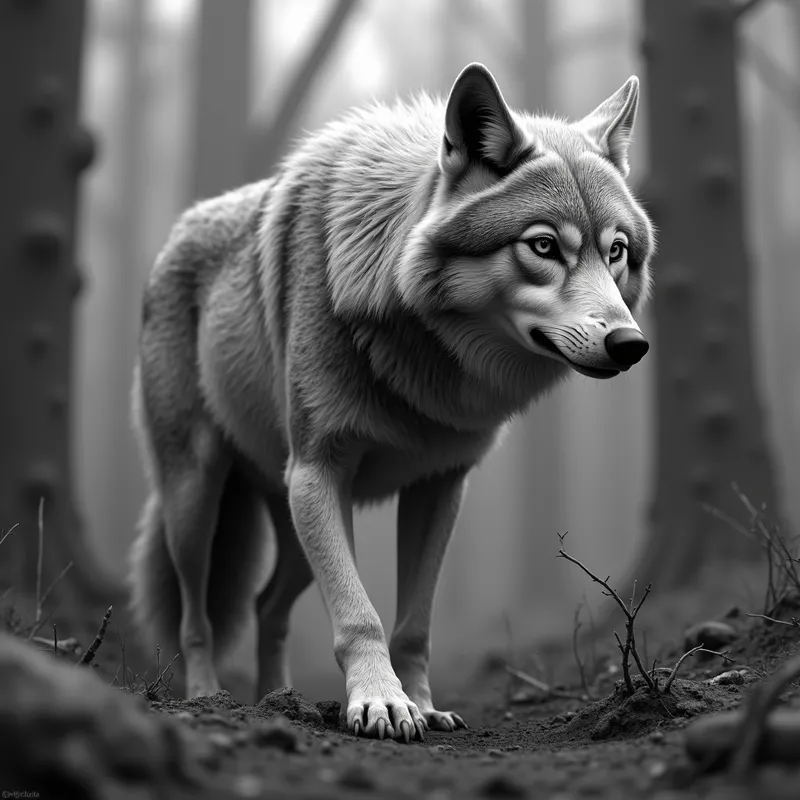 Wolf Hunting in Grayscale 3D - 3D grayscale realistic image of a wolf hunting - AI image generated with Photorealistic 2