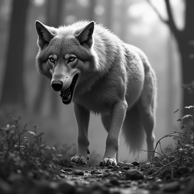 Wolf Hunting in Grayscale 3D - 3D grayscale realistic image of a wolf hunting - AI image generated with Photorealistic 2