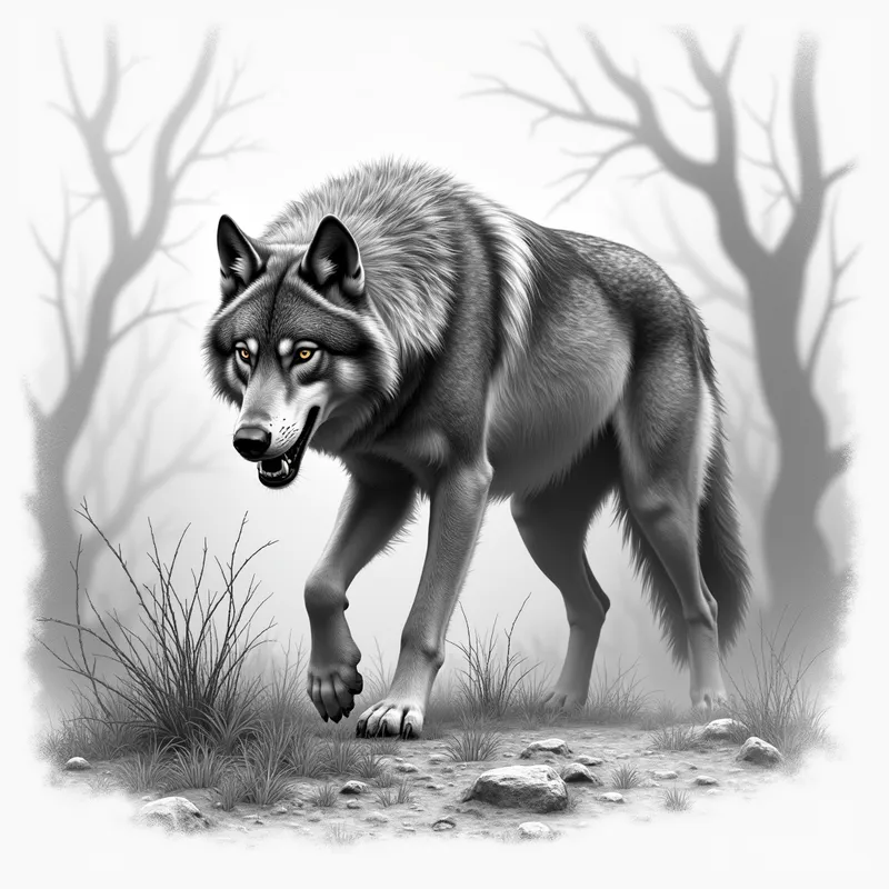 Wolf Hunting in Grayscale 3D Drawing - 3D realistic grayscale detailed pencil image of a wolf hunting - AI image generated with Photorealistic 2