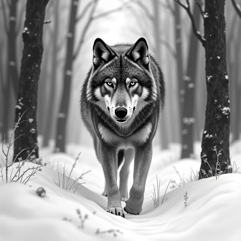 Wolf Hunting in Winter Forest Drawing - grayscale realistic pencil drawing of a wolf hunting in a winter forest - AI image generated with Photorealistic 2