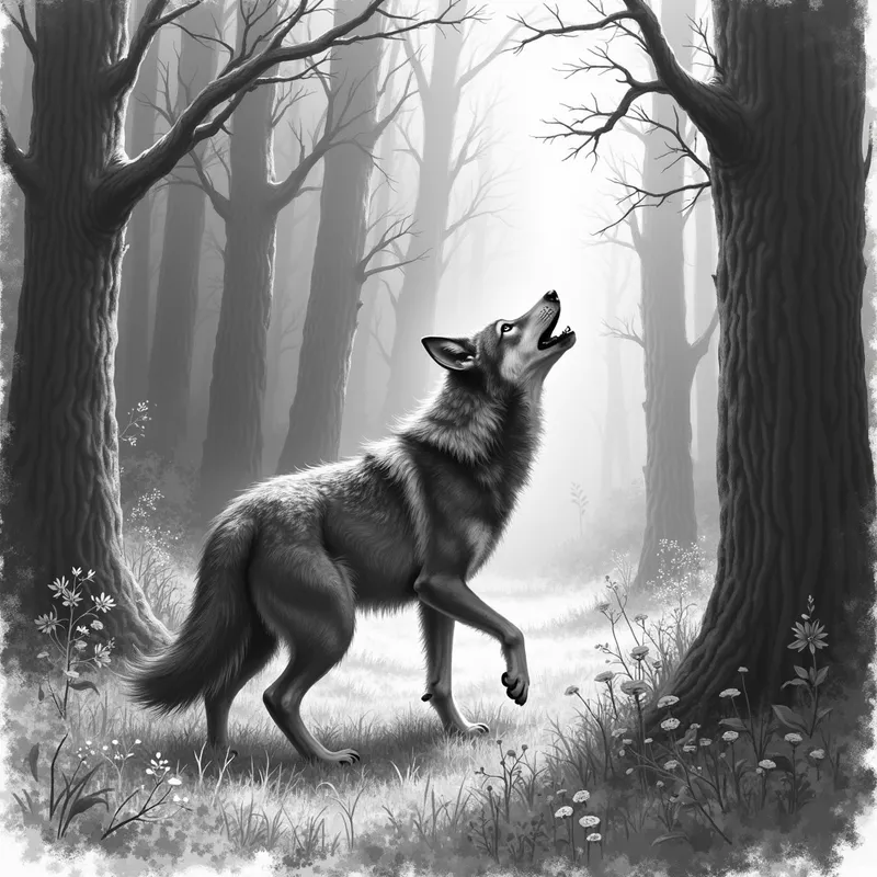 Wolf Hunting in the Forest Drawing - grayscale realistic pencil drawing of a wolf hunting in a forest - AI image generated with Photorealistic 2